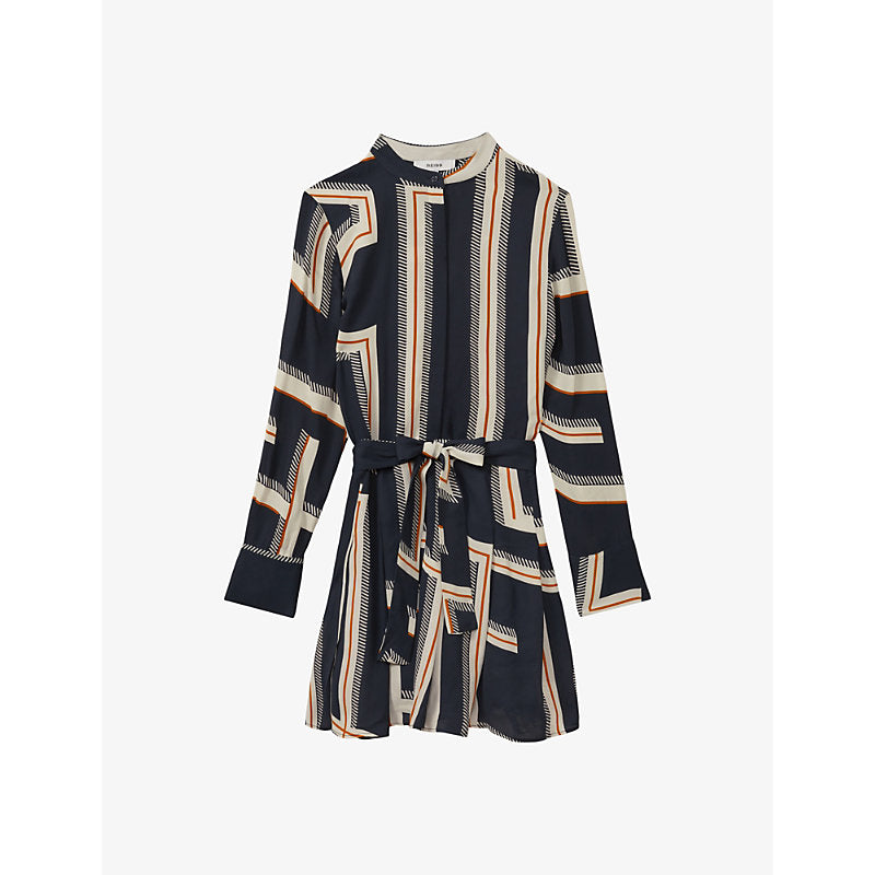  Reiss Ciara geometric-print belted-waist woven mini dress