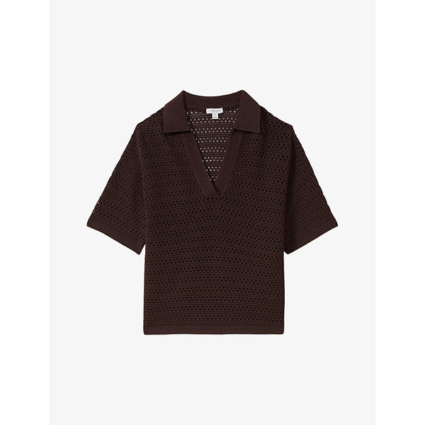 Reiss Carla open-stitch knitted polo shirt