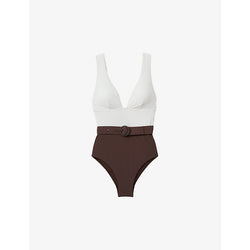  Reiss Lola belted-waist colour-block stretch-woven swimsuit