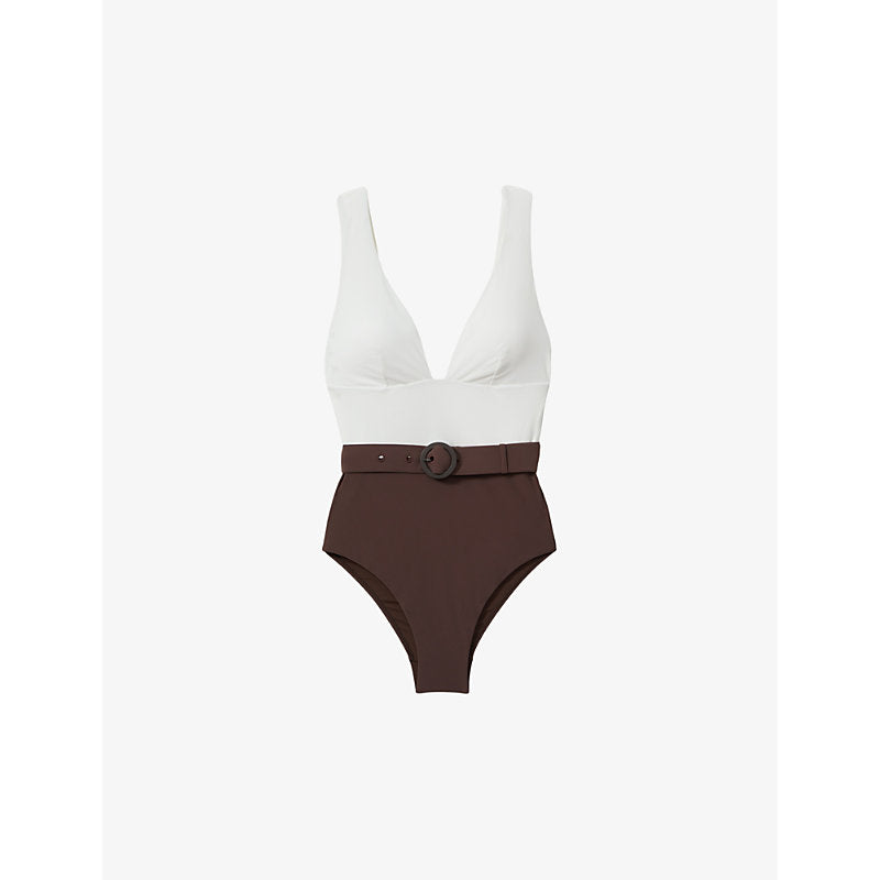  Reiss Lola belted-waist colour-block stretch-woven swimsuit