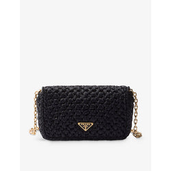  Prada Logo-plaque raffia-effect woven shoulder bag