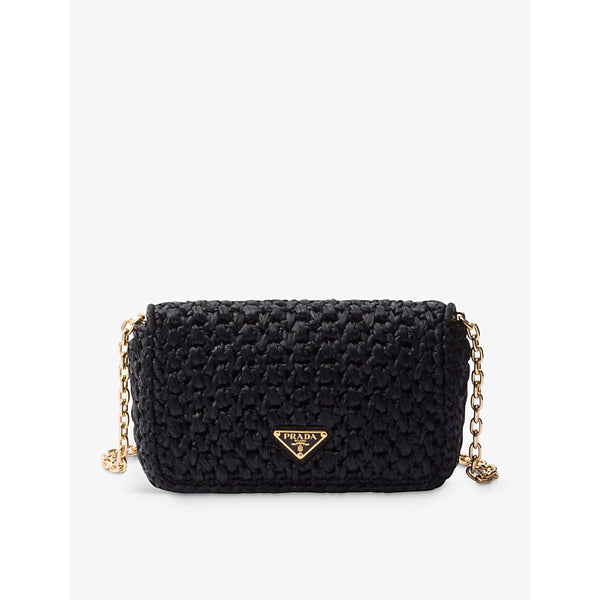  Prada Logo-plaque raffia-effect woven shoulder bag