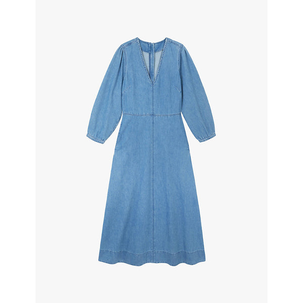 The White Company V-neck rolled-up sleeve denim midi dress