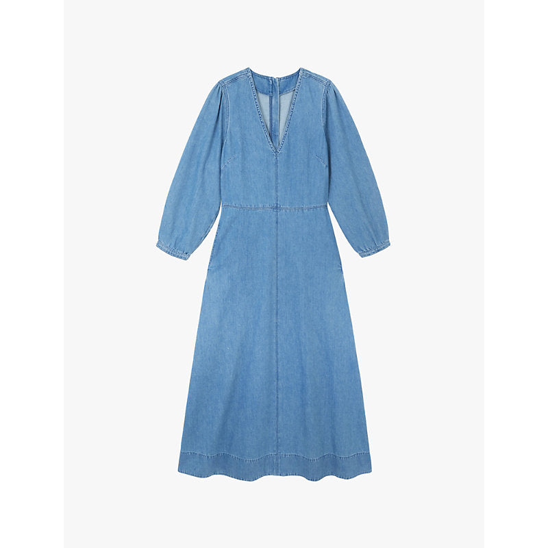 The White Company V-neck rolled-up sleeve denim midi dress | THE WHITE COMPANY