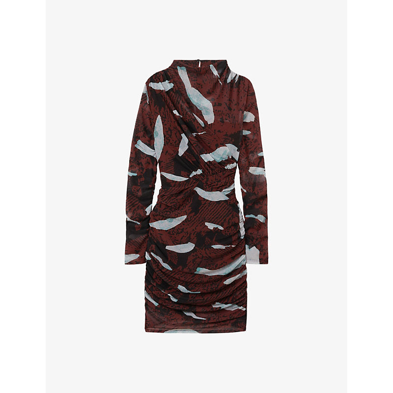  Reiss Kallie graphic-print long-sleeve ruched mesh mini dress