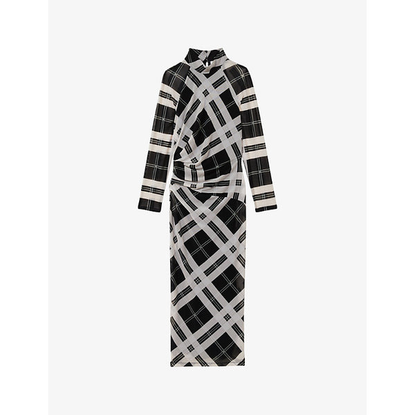  Reiss Darla high-neck long-sleeve checked stretch-mesh midi dress