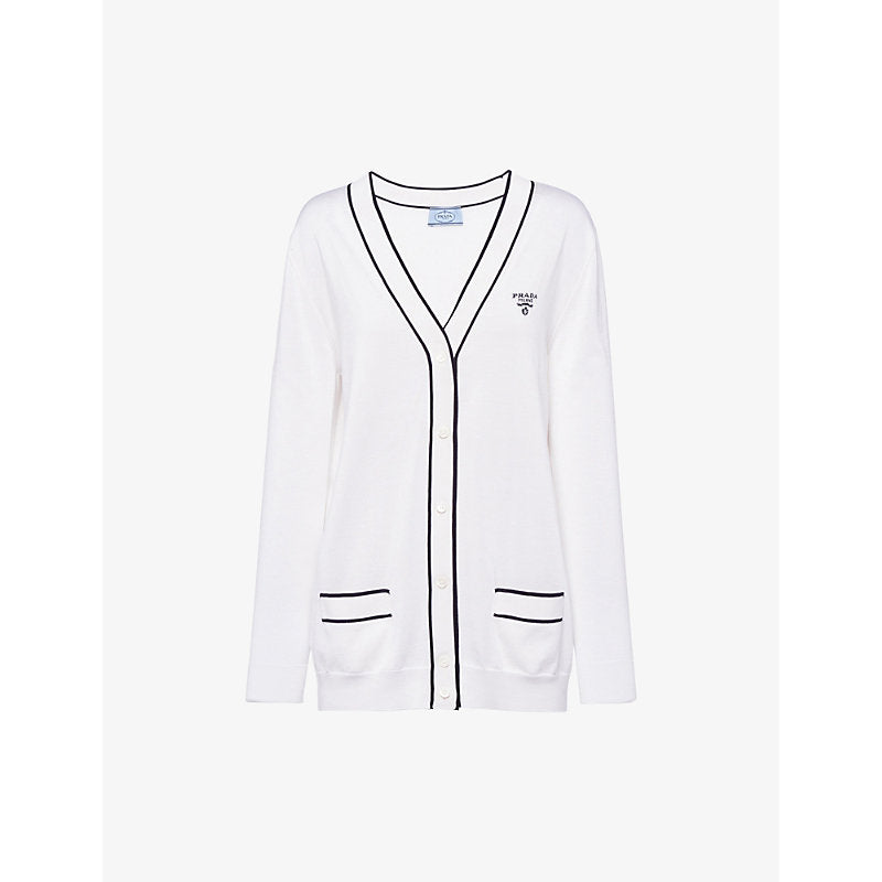  Prada Intarsia-logo raglan-shoulder silk-blend cardigan