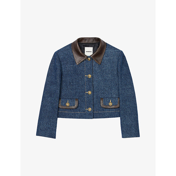  Sandro Leather-collar button-down denim jacket