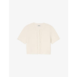  Sandro Ruffle-trim short-sleeve cropped stretch-knit cardigan