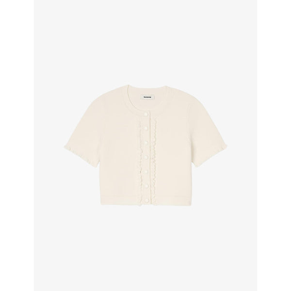  Sandro Ruffle-trim short-sleeve cropped stretch-knit cardigan