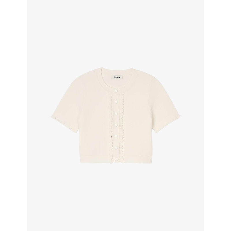  Sandro Ruffle-trim short-sleeve cropped stretch-knit cardigan