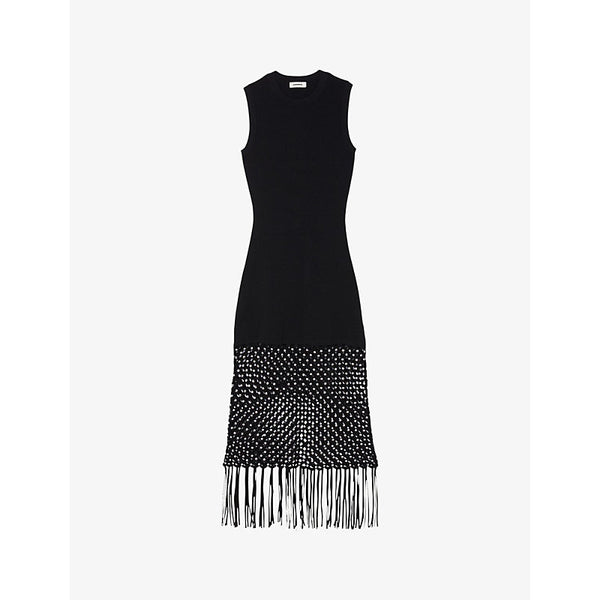 Sandro Rhinestone-embellished fringed knitted midi dress | SANDRO