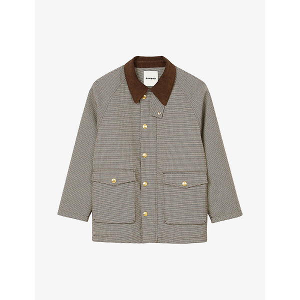 Sandro Check-pattern velvet-collar woven coat