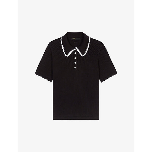  Maje Pointelle-collar short-sleeve cotton polo shirt