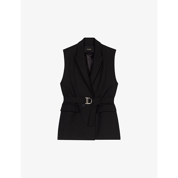 Maje Belted-waist double-breasted sleeveless stretch-woven blazer