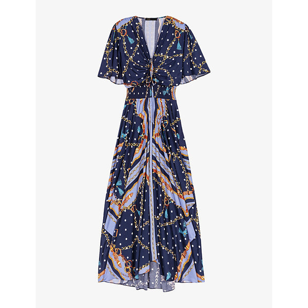 Maje Chain-print asymmetric-hem woven maxi dress