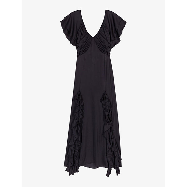 Maje V-neck ruffle-trim woven maxi dress