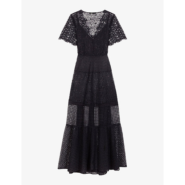 Maje V-neck lace-embroidered woven midi dress