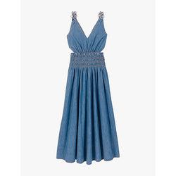 Maje Cut-out smocked-waist denim maxi dress | MAJE