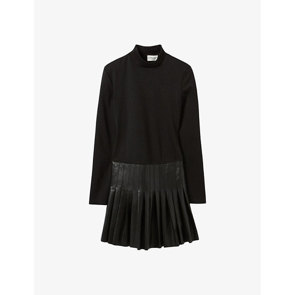 Claudie Pierlot Long-sleeved pleated-skirt stretch-woven and leather mini dress