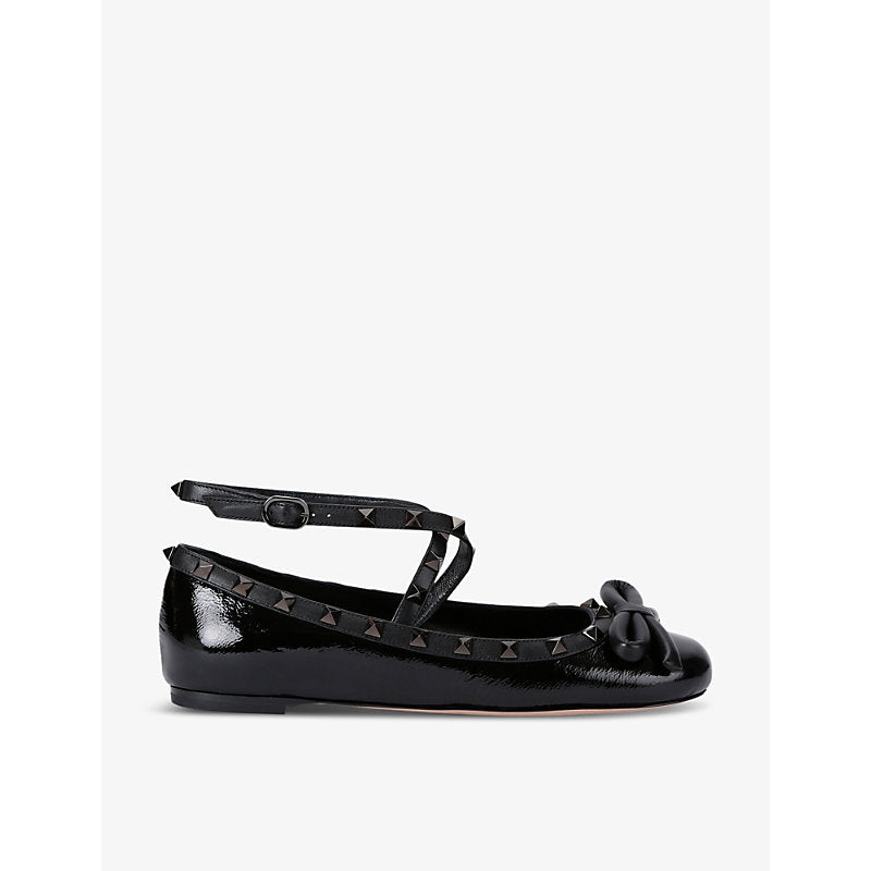 Valentino Garavani Rockstud bow-embellished crossover-strap leather ballet flats