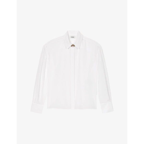 Sandro Brooch-embellished long-sleeve silk shirt