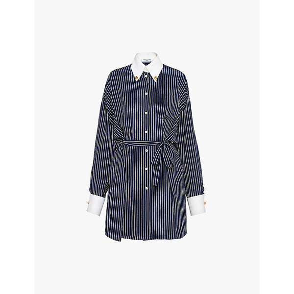 Prada Striped contrast-collar silk mini dress