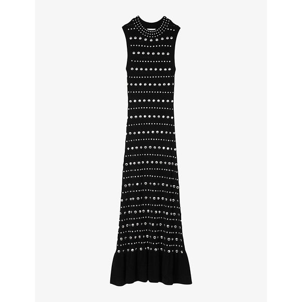  Sandro Studded ruffled-hem stretch pointelle-knit maxi dress