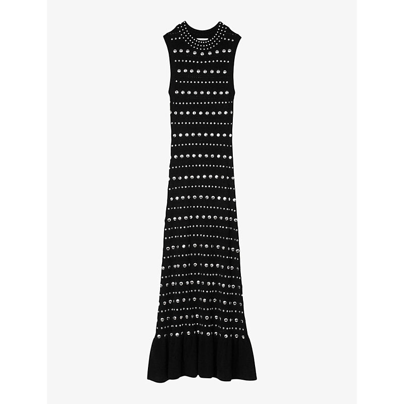  Sandro Studded ruffled-hem stretch pointelle-knit maxi dress