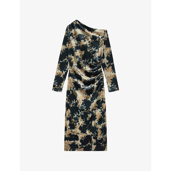 Reiss Briana ruched abstract-print velvet midi dress