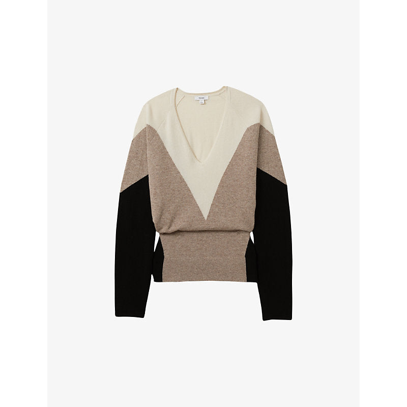  Reiss Esme V-neck colour-block wool and cashmere-blend jumper