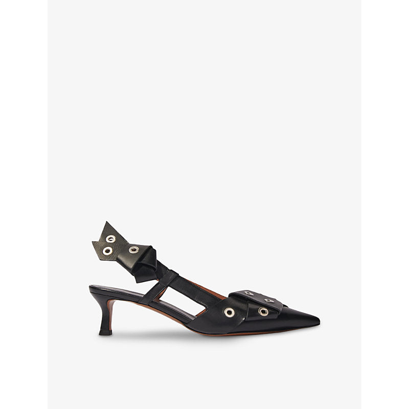 Maje Bow-embellished eyelet heeled leather pumps | Maje