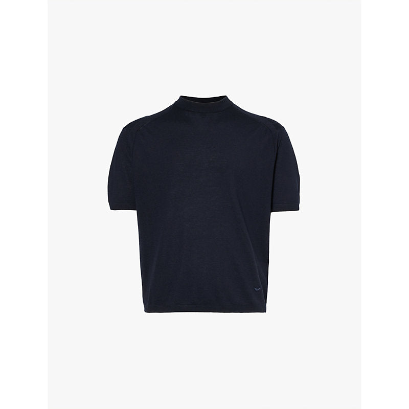  Emporio Armani Monogram-embroidered dropped-shoulder woven-blend T-shirt