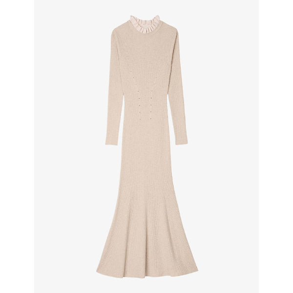 Sandro Frill-collar long-sleeve ribbed wool and cashmere-blend midi dress