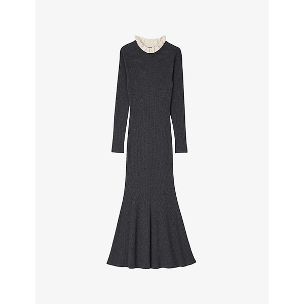 Sandro Frill-collar long-sleeve ribbed wool and cashmere-blend midi dress