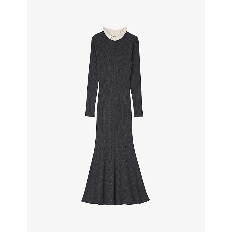 Sandro Frill-collar long-sleeve ribbed wool and cashmere-blend midi dress | SANDRO