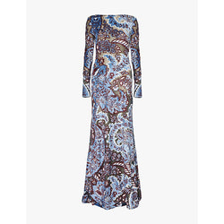 Etro Floral-intarsia-graphic plunge-neckline-at-back stretch-woven blend maxi dress | ETRO