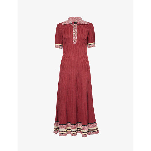 Etro Striped-trim short-sleeved wool and cotton-blend knitted midi dress