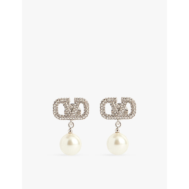  Valentino Garavani VLogo crystal-embellished brass and faux-pearl drop earrings