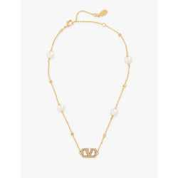 Womens Valentino Garavani VLogo signature Swarovski-crystal and pearl brass necklace