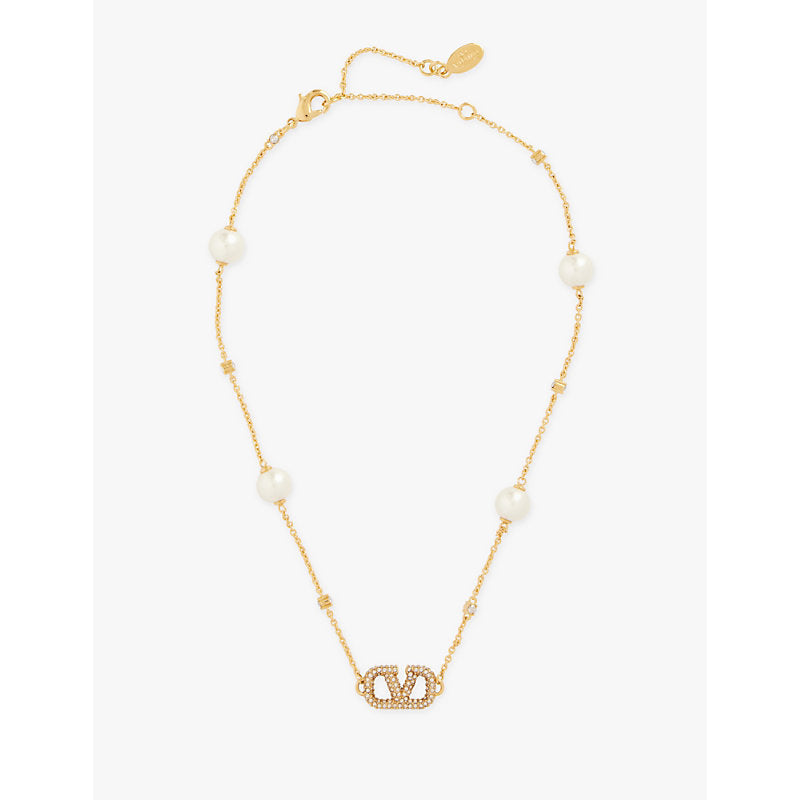 Womens Valentino Garavani VLogo signature Swarovski-crystal and pearl brass necklace