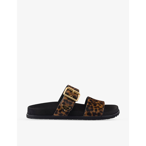 Prada Leopard-print buckled leather sliders