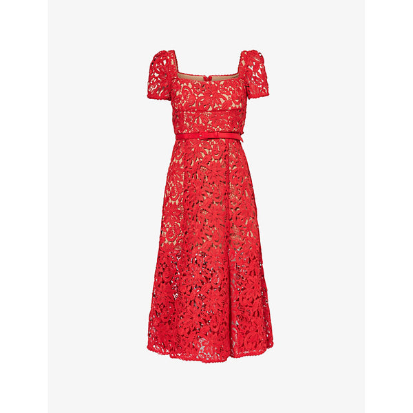 Self-Portrait Square-neck belted floral-lace midi dress