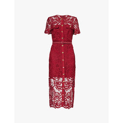 Self-Portrait Belted-waist embroidered woven midi dress | SELF-PORTRAIT