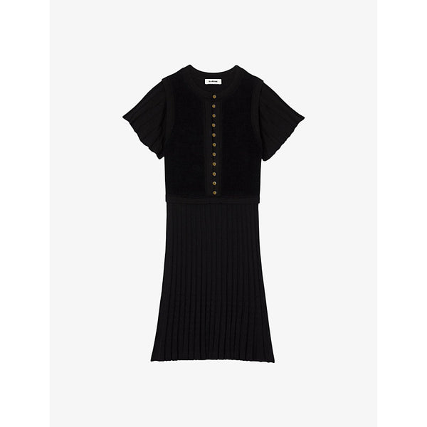  Sandro Button-neck flounce-sleeve pleated stretch-velvet mini dress