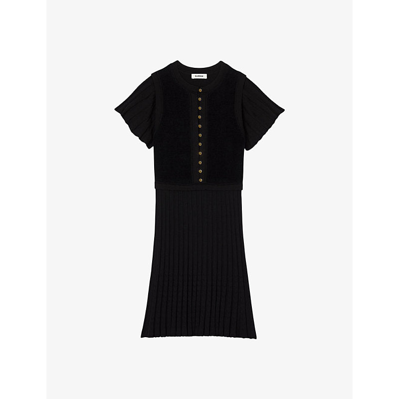  Sandro Button-neck flounce-sleeve pleated stretch-velvet mini dress