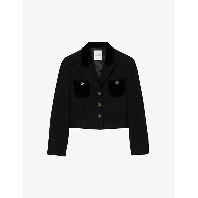 Womens Sandro Button-embellished cropped tweed jacket