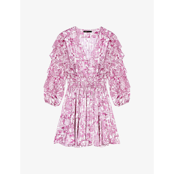 Maje Floral-print ruffle-sleeve woven mini dress