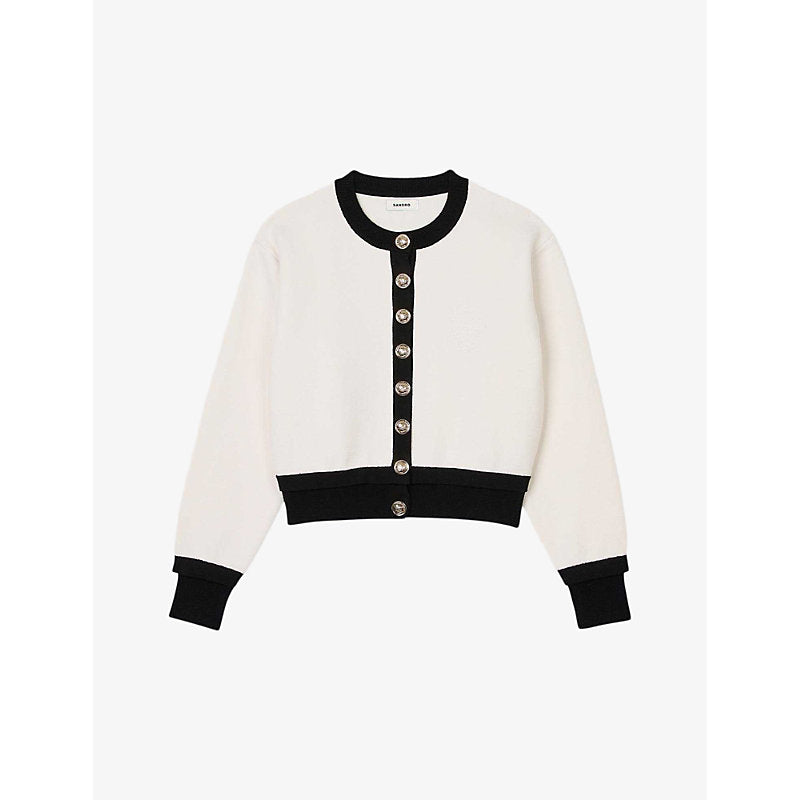  Sandro Contrast-trim round-neck cropped wool-blend knitted cardigan