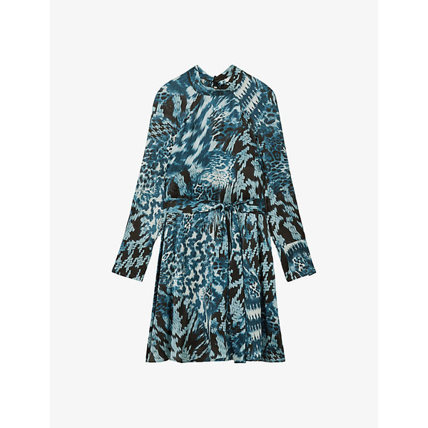 Reiss Ester printed belted tie-neck woven mini dress